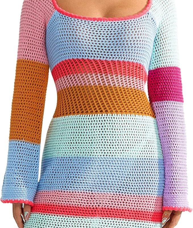 Fabumily Women Crochet Knit Mini Dress